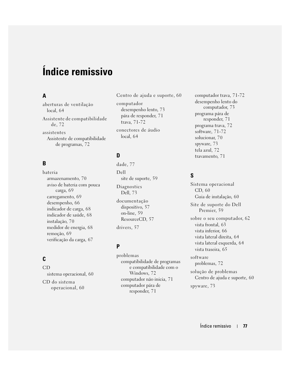 Índice remissivo | Dell Latitude D810 User Manual | Page 77 / 104