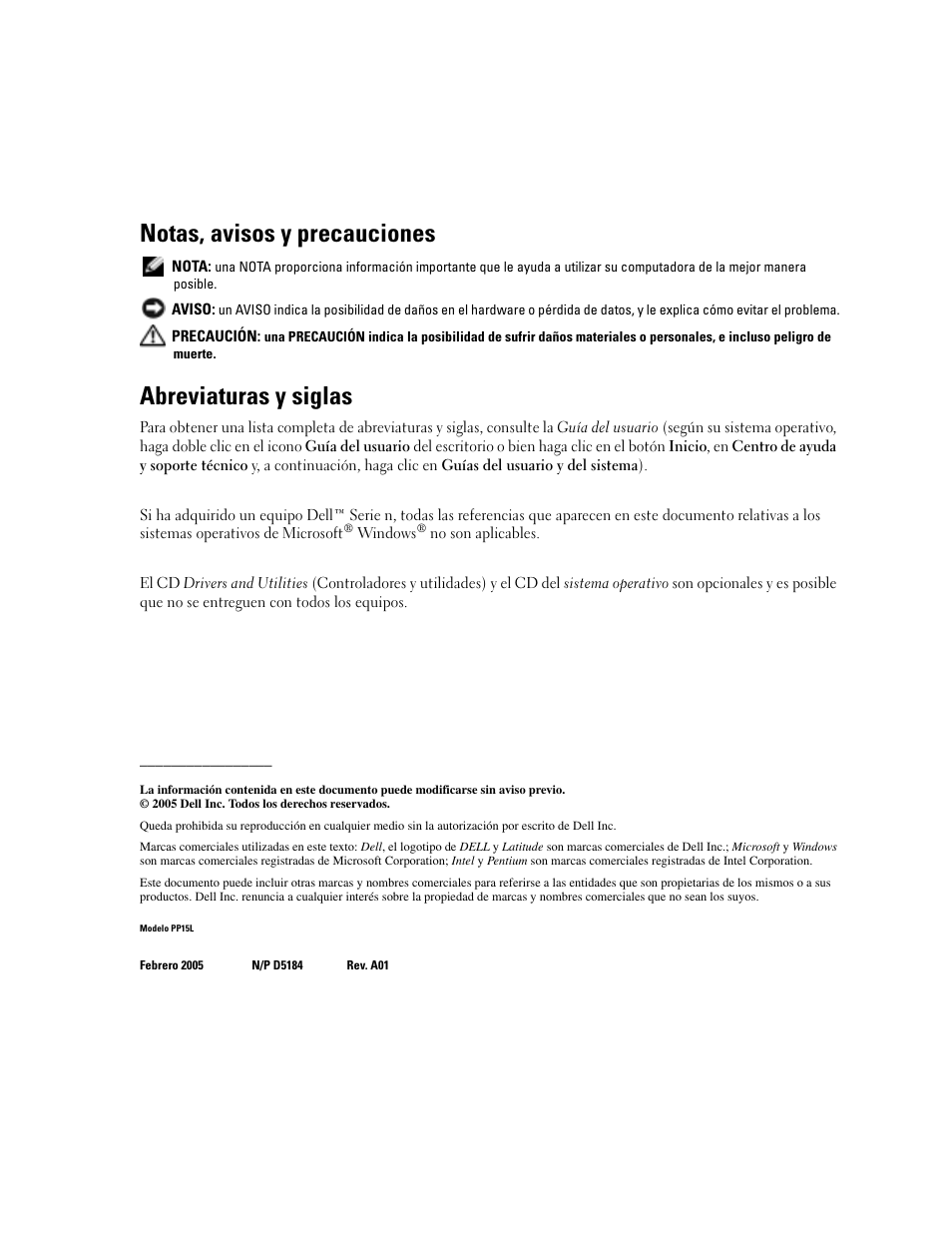 Notas, avisos y precauciones, Abreviaturas y siglas | Dell Latitude D810 User Manual | Page 80 / 104