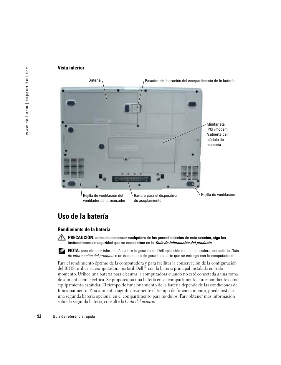 Vista inferior, Uso de la batería, Rendimiento de la batería | Dell Latitude D810 User Manual | Page 92 / 104