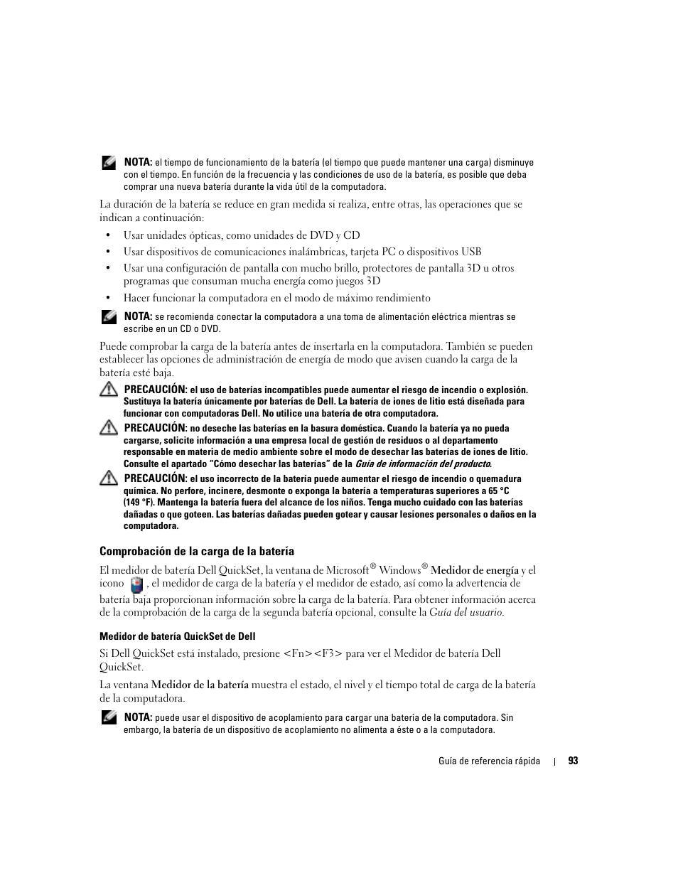 Comprobación de la carga de la batería | Dell Latitude D810 User Manual | Page 93 / 104