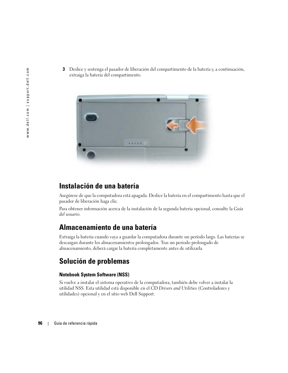 Instalación de una batería, Almacenamiento de una batería, Solución de problemas | Notebook system software (nss) | Dell Latitude D810 User Manual | Page 96 / 104