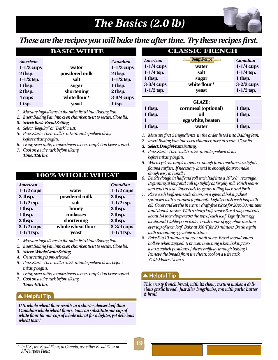 Recipes, The basics, Basic white (2.0 lb) | 100% whole wheat (2.0 lb), Classic french (dough recipe) (2.0 lb), The basics (2.0 lb) | Black & Decker B1620 User Manual | Page 19 / 34