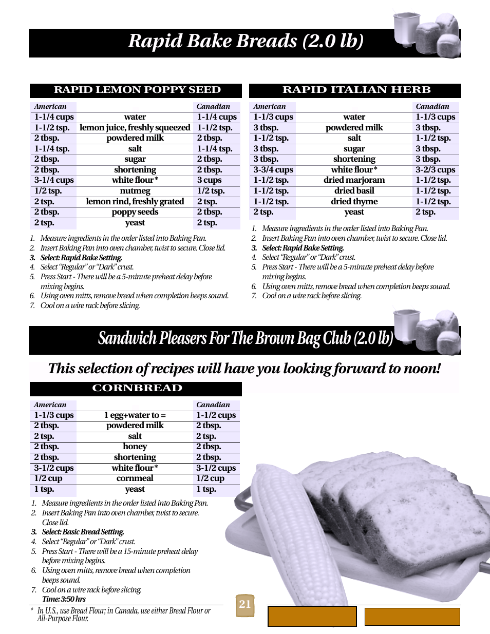 Rapid lemon poppy seed (2.0 lb), Rapid italian herb (2.0 lb), Sandwich pleasers for the brown bag club | Cornbread (2.0 lb), Rapid bake breads (2.0 lb), Sandwich pleasers for the brown bag club (2.0 lb) | Black & Decker B1620 User Manual | Page 21 / 34
