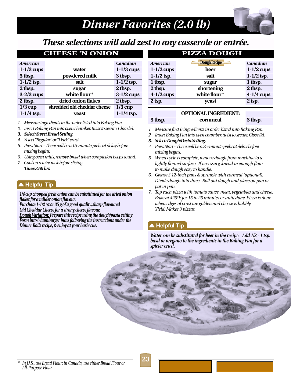 Dinner favorites, Cheese ’n onion (2.0 lb), Pizza dough (dough recipe) (2.0 lb) | Dinner favorites (2.0 lb) | Black & Decker B1620 User Manual | Page 23 / 34