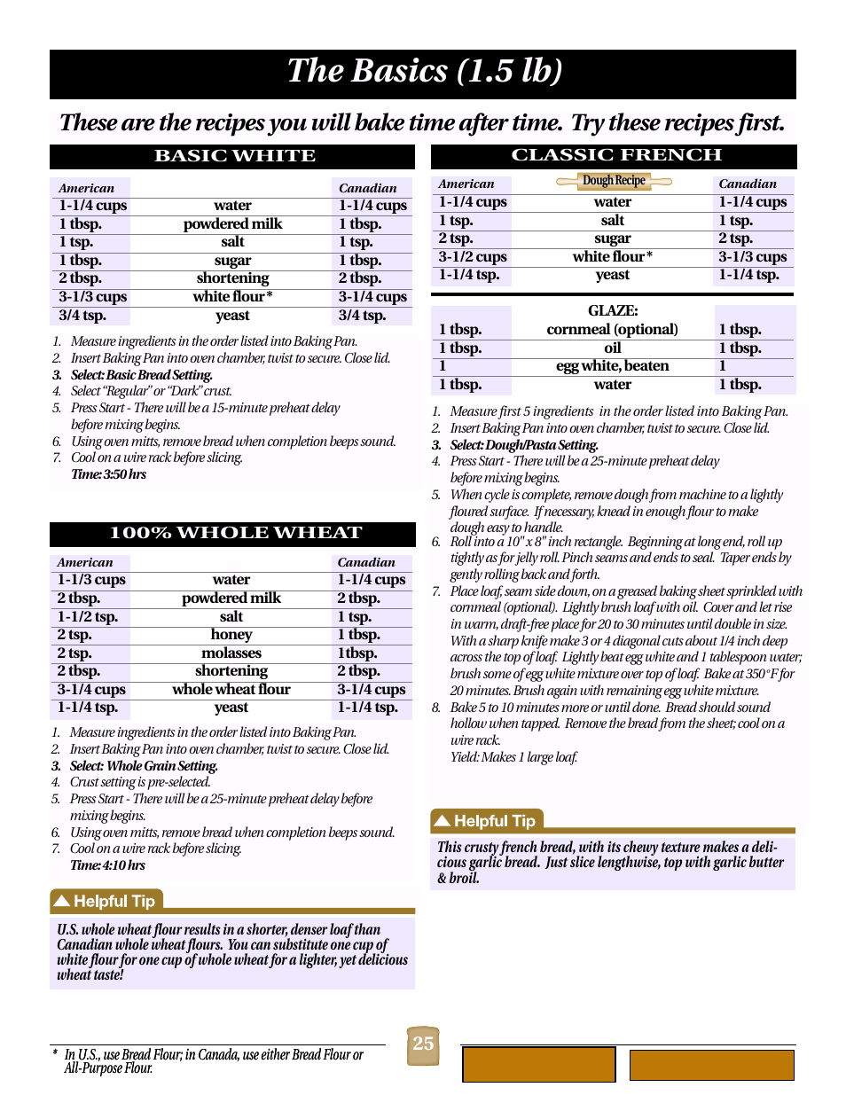 Basic white (1.5 lb), 100% whole wheat (1.5 lb), Classic french (dough recipe) (1.5 lb) | The basics (1.5 lb) | Black & Decker B1620 User Manual | Page 25 / 34