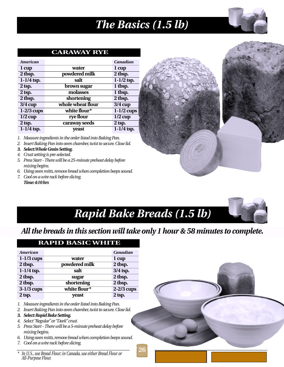Caraway rye (1.5 lb), Rapid basic white (1.5 lb), Rapid bake breads (1.5 lb) | The basics (1.5 lb) | Black & Decker B1620 User Manual | Page 26 / 34