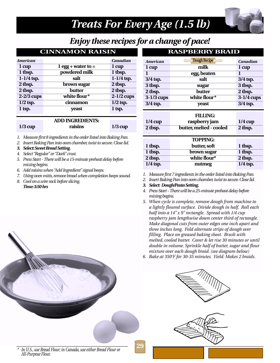 Cinnamon raisin (1.5 lb), Raspberry braid (dough recipe) (1.5 lb), Treats for every age (1.5 lb) | Enjoy these recipes for a change of pace | Black & Decker B1620 User Manual | Page 29 / 34