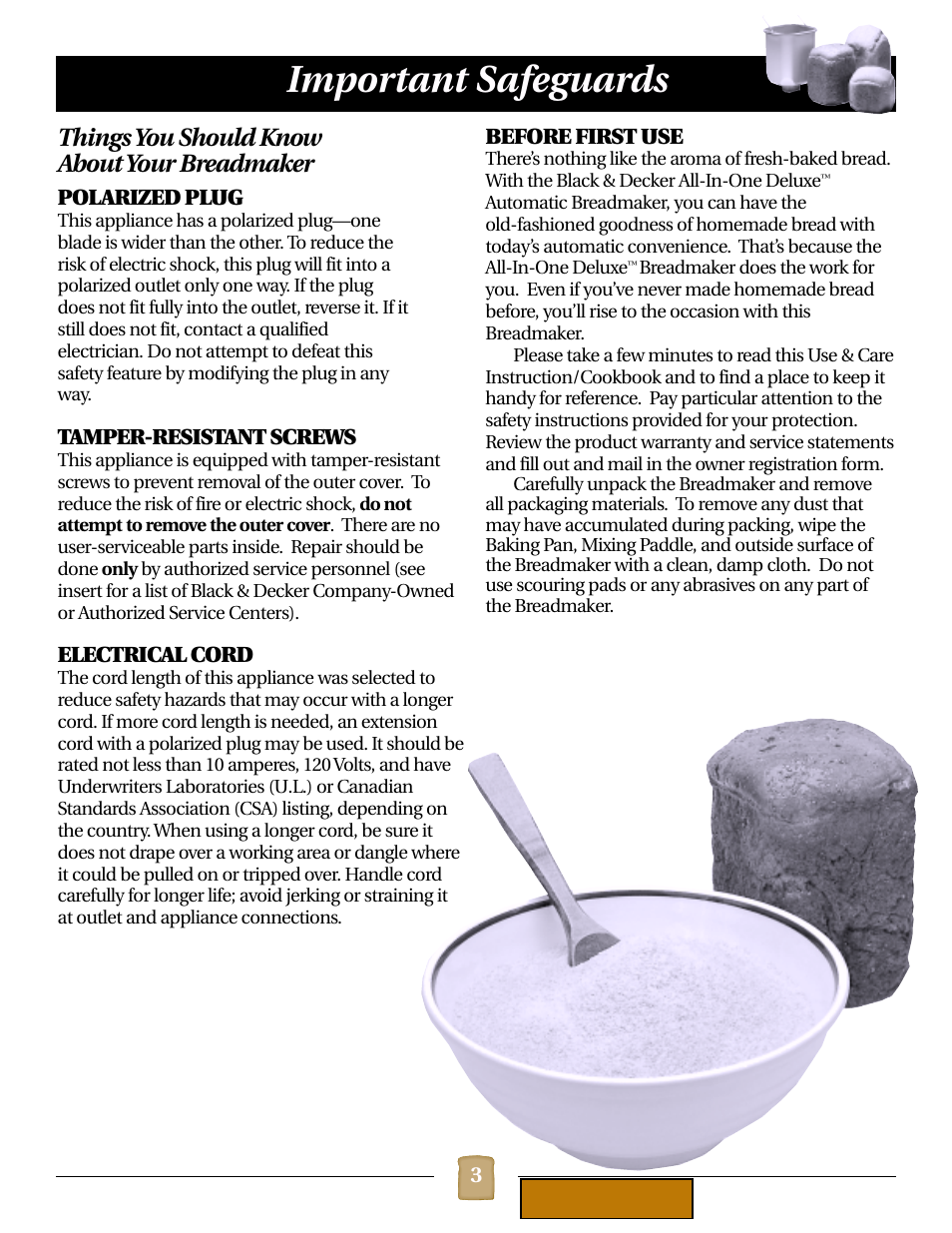 Important safeguards, Things you should know about your breadmaker | Black & Decker B1620 User Manual | Page 3 / 34