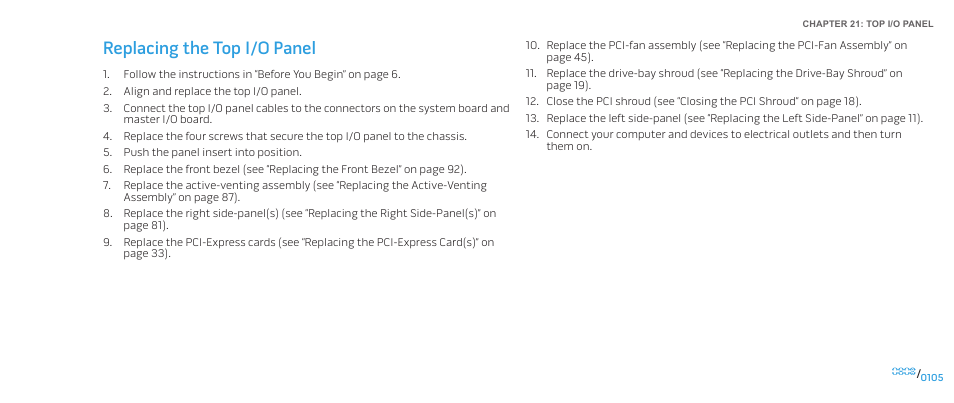 Replacing the top i/o panel | Dell Alienware Aurora R2 (Early 2010) User Manual | Page 105 / 117