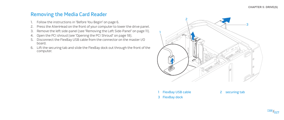 Removing the media card reader | Dell Alienware Aurora R2 (Early 2010) User Manual | Page 27 / 117