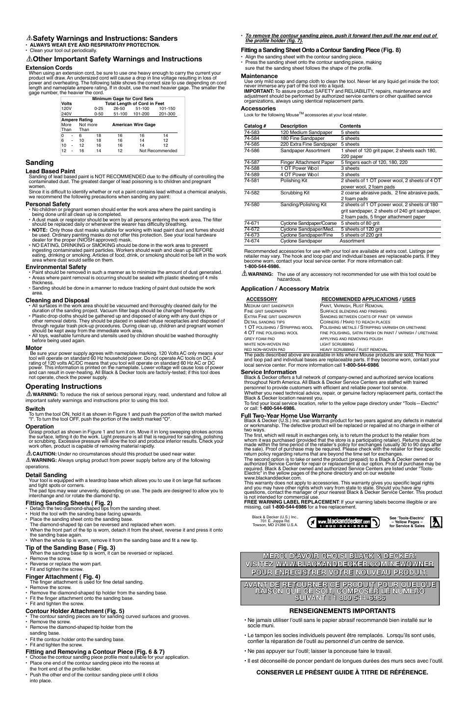 Safety warnings and instructions: sanders, Other important safety warnings and instructions, Sanding | Operating instructions, Renseignements importa n t s | Black & Decker 582268-01 User Manual | Page 2 / 6