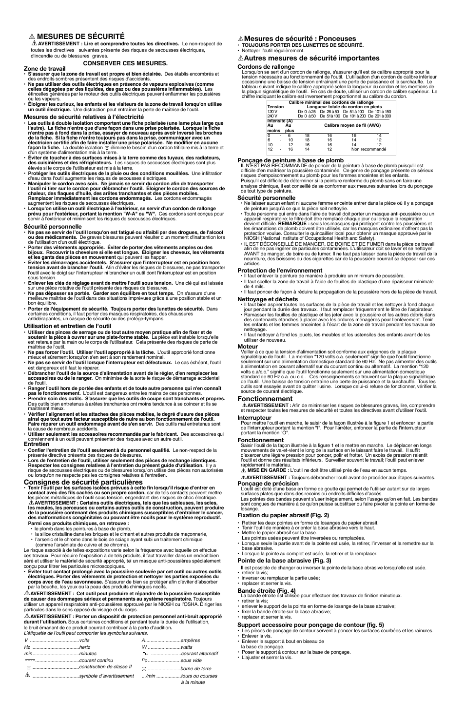 Mesures de sécurité, Mesures de sécurité : ponceuses, Autres mesures de sécurité importantes | Fonctionnement, Consignes de sécurité particulières | Black & Decker 582268-01 User Manual | Page 3 / 6