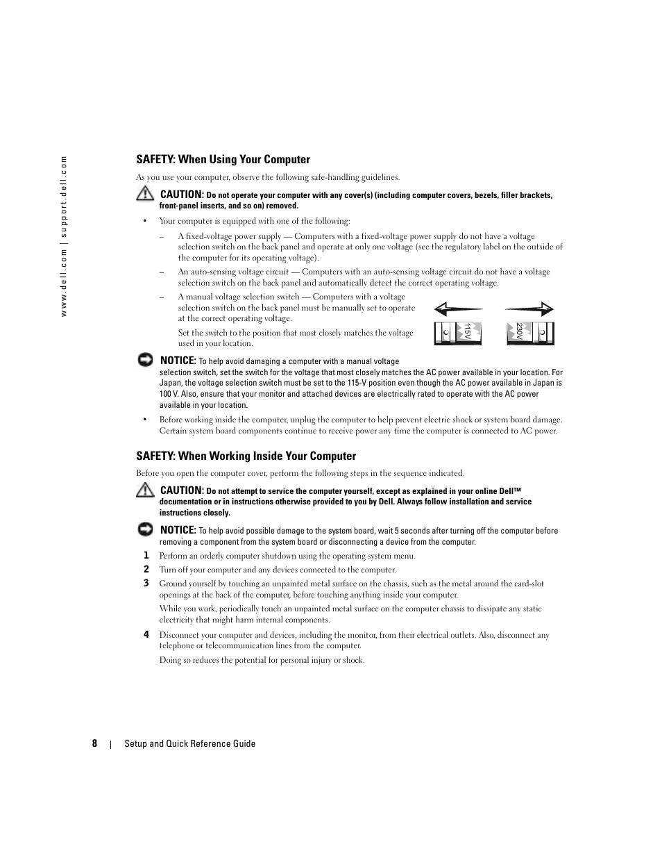 Safety: when using your computer, Safety: when working inside your computer | Dell OptiPlex 160L User Manual | Page 10 / 82