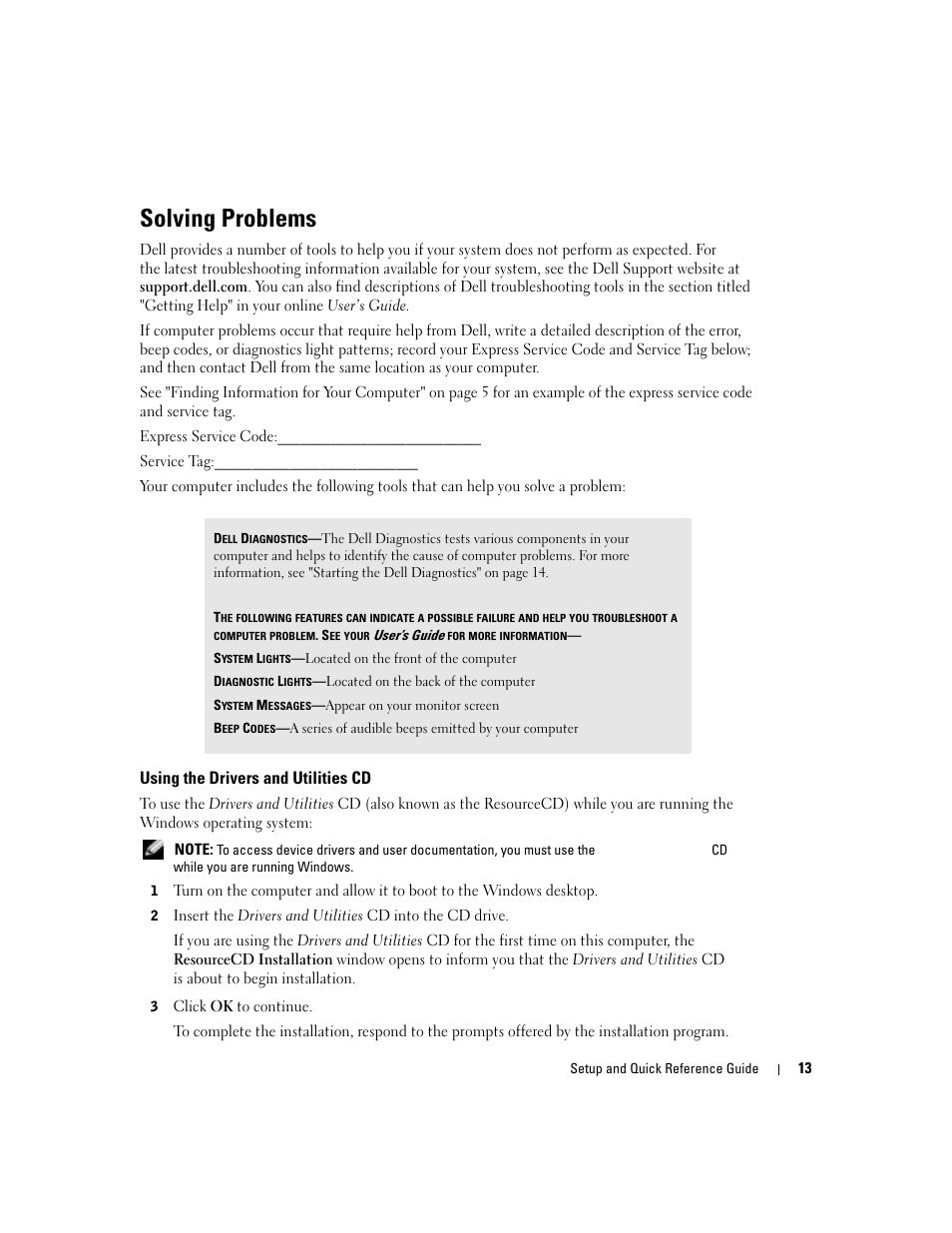 Solving problems, Using the drivers and utilities cd | Dell OptiPlex 160L User Manual | Page 15 / 82