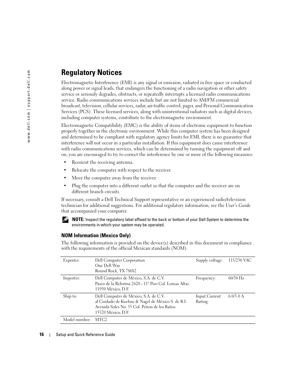 Regulatory notices, Nom information (mexico only) | Dell OptiPlex 160L User Manual | Page 18 / 82