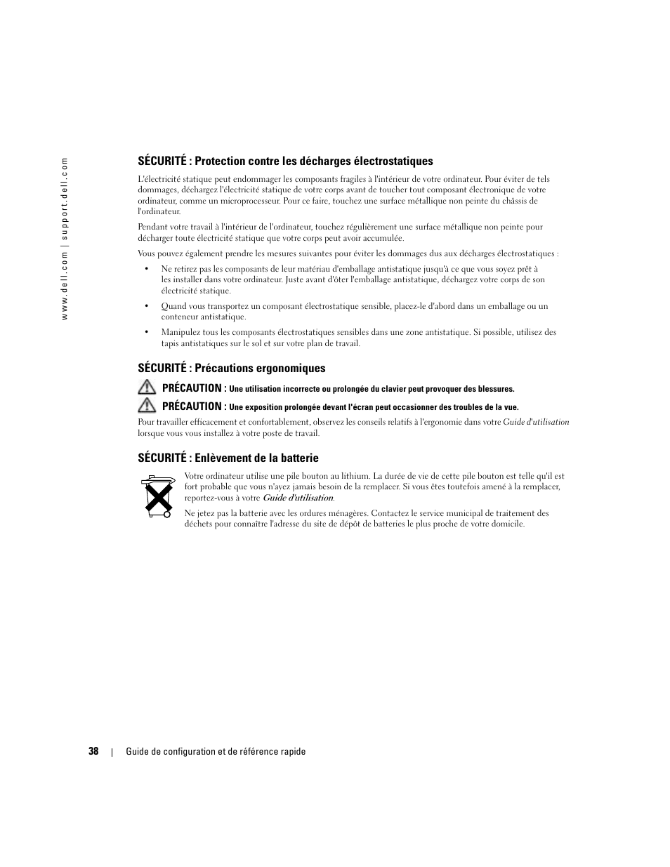 Sécurité : précautions ergonomiques, Sécurité : enlèvement de la batterie | Dell OptiPlex 160L User Manual | Page 40 / 82