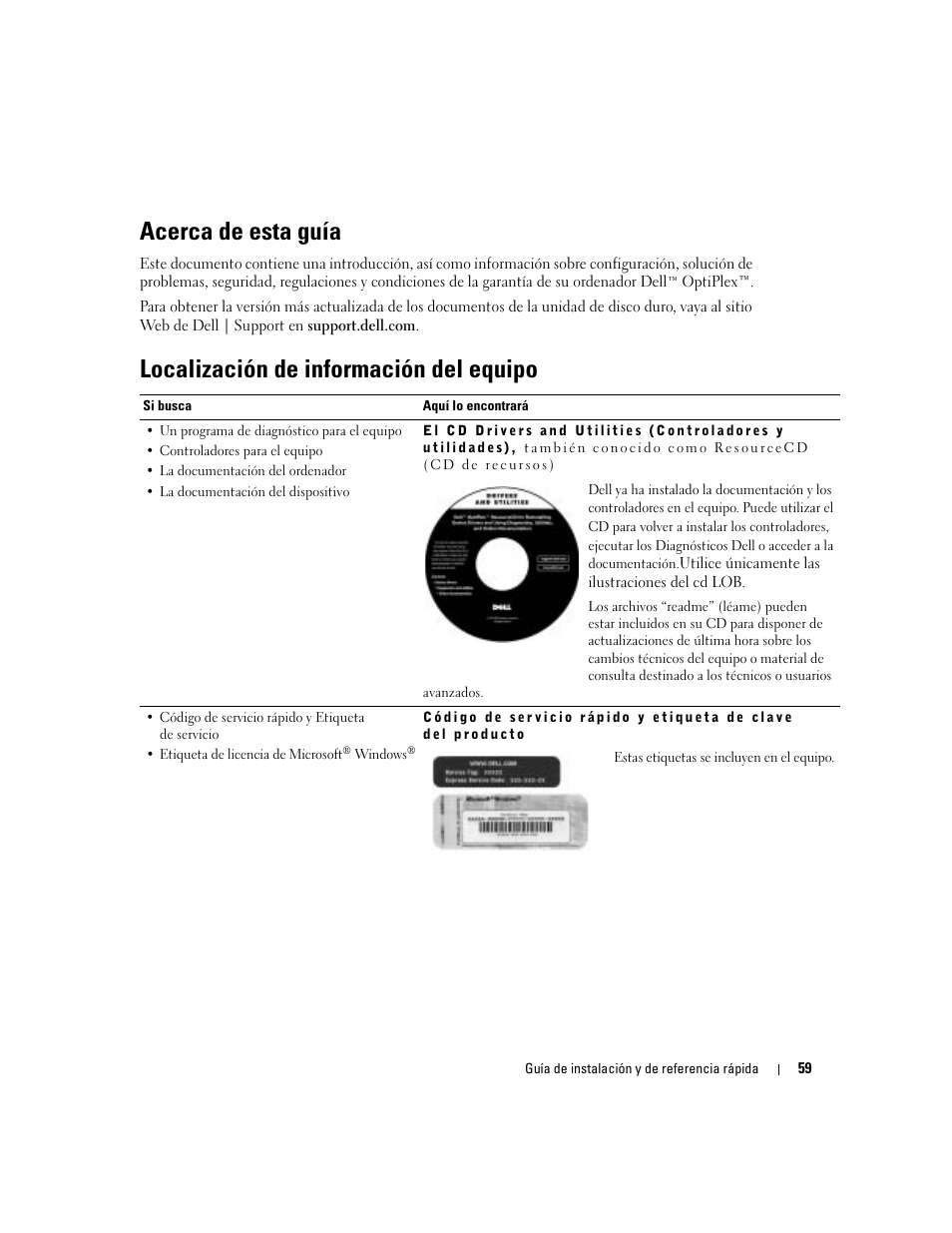 Acerca de esta guía, Localización de información del equipo | Dell OptiPlex 160L User Manual | Page 61 / 82