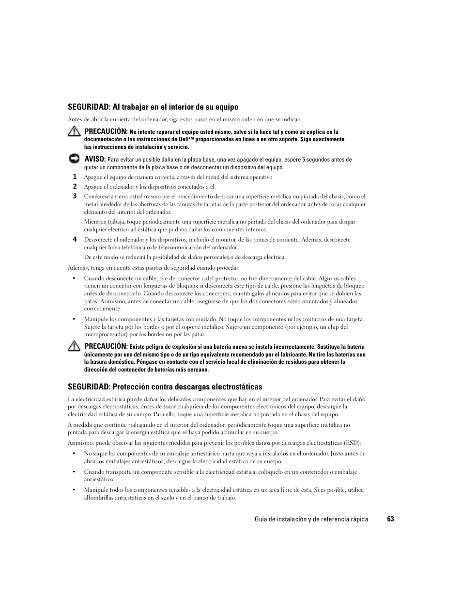 Seguridad: al trabajar en el interior de su equipo | Dell OptiPlex 160L User Manual | Page 65 / 82