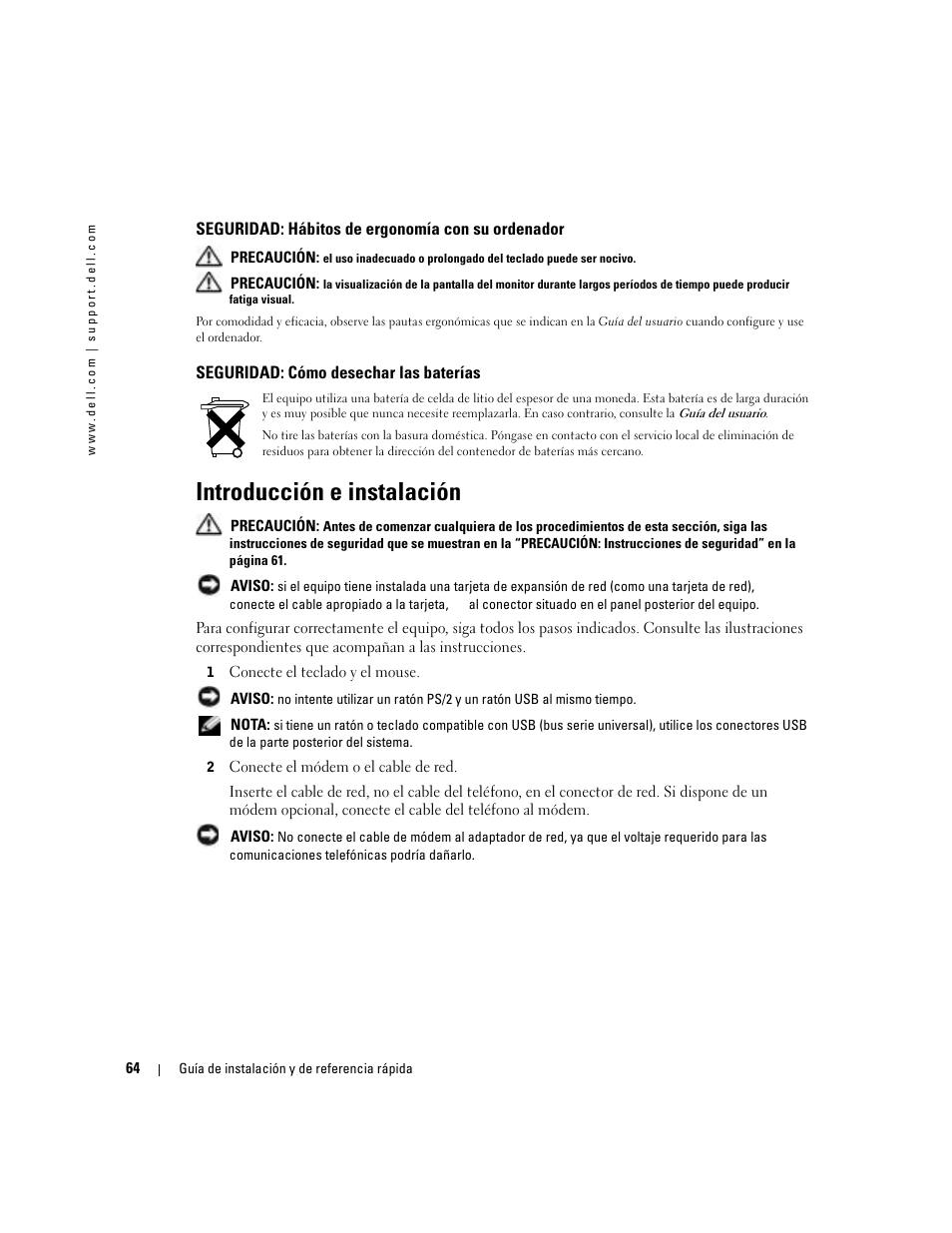 Seguridad: hábitos de ergonomía con su ordenador, Seguridad: cómo desechar las baterías, Introducción e instalación | Dell OptiPlex 160L User Manual | Page 66 / 82