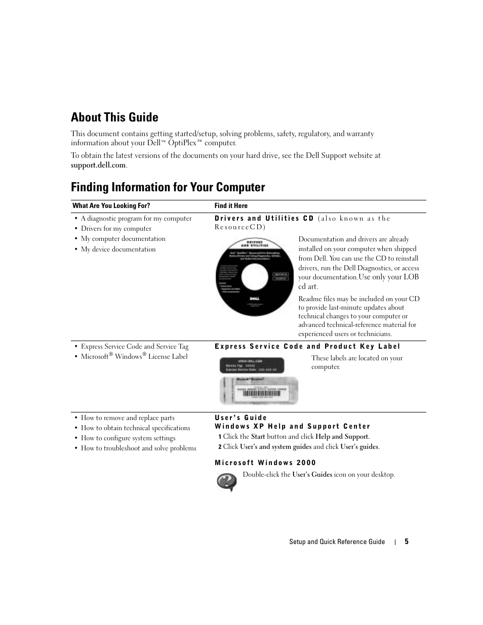 About this guide, Finding information for your computer | Dell OptiPlex 160L User Manual | Page 7 / 82