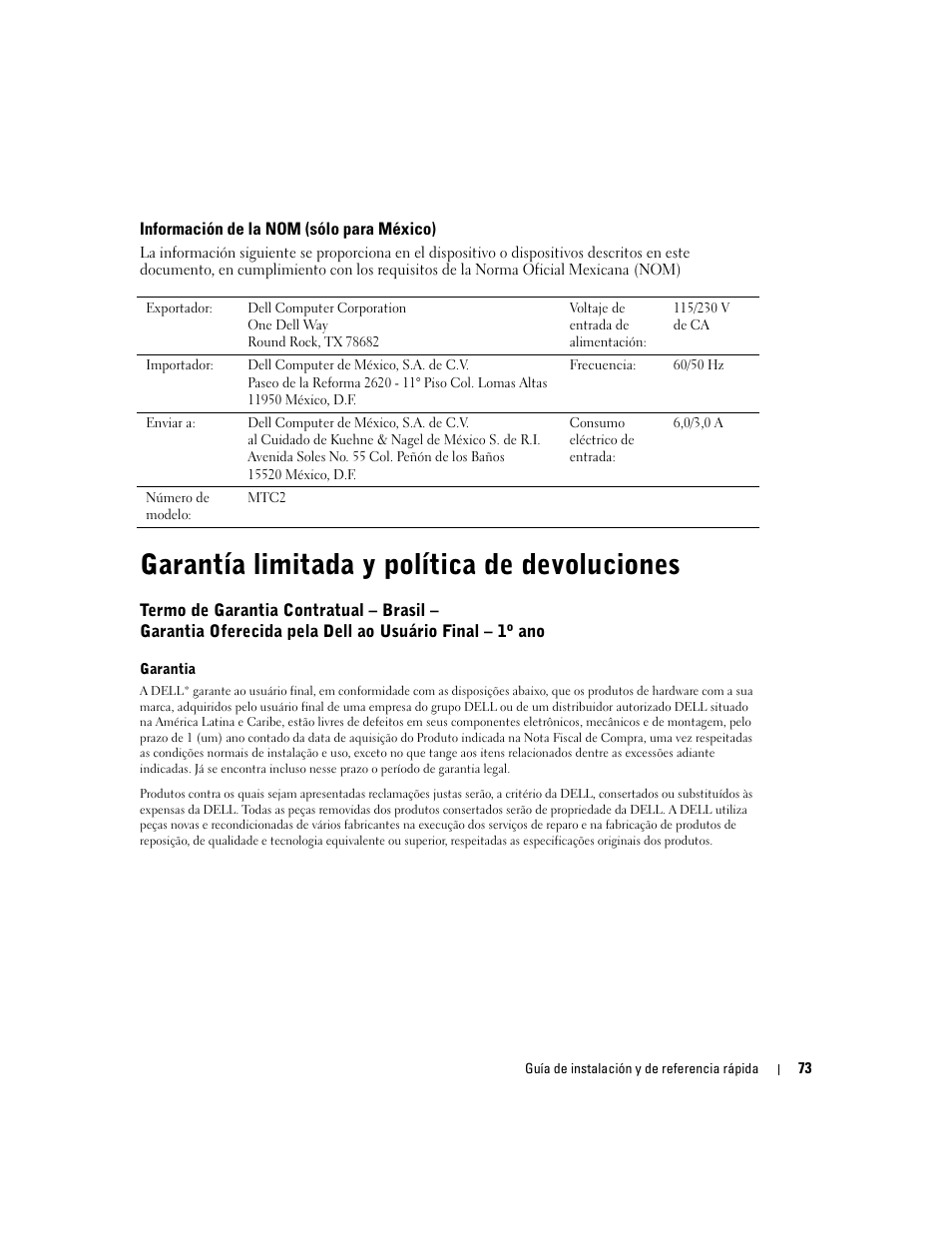 Información de la nom (sólo para méxico), Garantía limitada y política de devoluciones | Dell OptiPlex 160L User Manual | Page 75 / 82