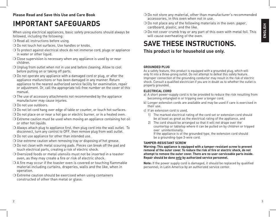 Important safeguards, Save these instructions, This product is for household use only | Black & Decker CTO4400B User Manual | Page 2 / 35