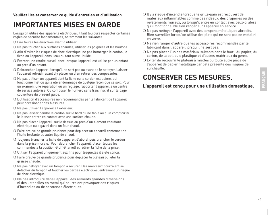 Importantes mises en garde, Conserver ces mesures | Black & Decker CTO4400B User Manual | Page 23 / 35