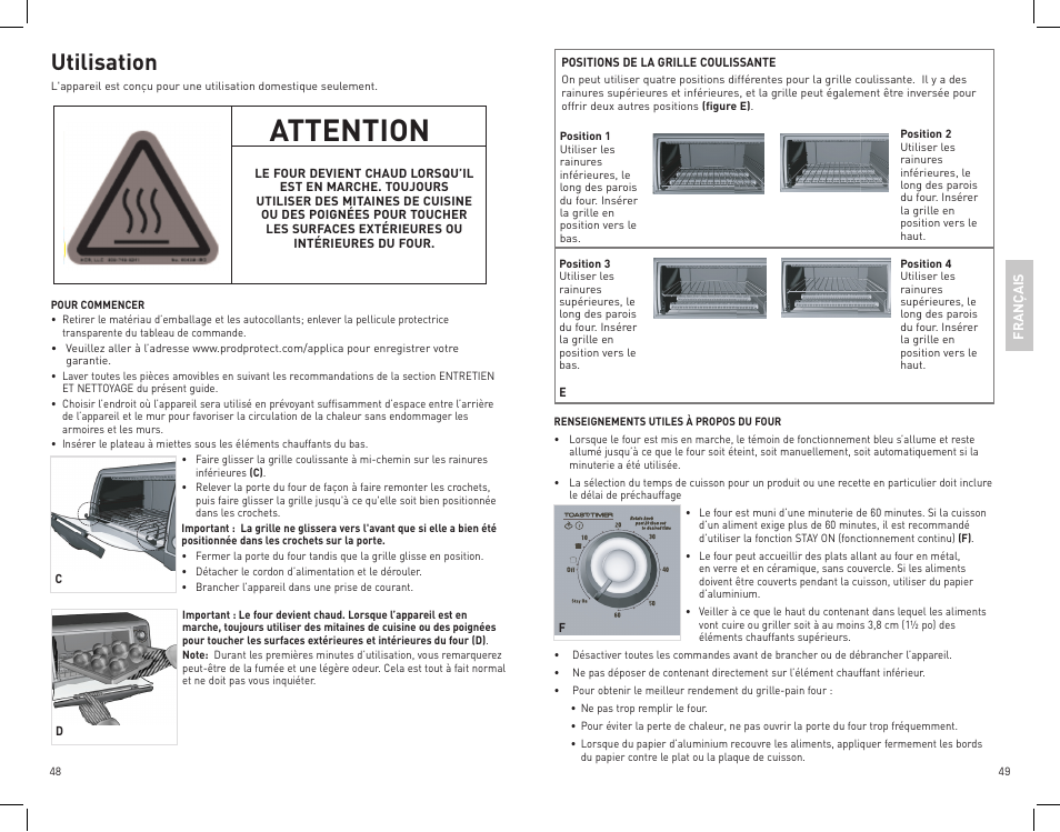 Attention, Utilisation | Black & Decker CTO4400B User Manual | Page 25 / 35