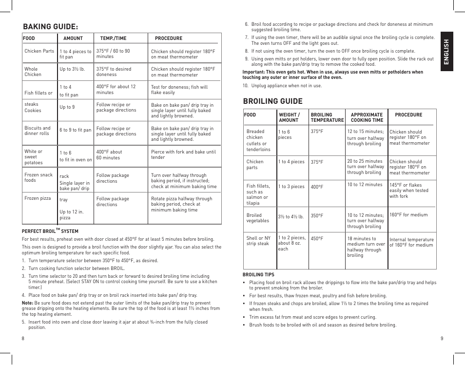 Baking guide, Broiling guide | Black & Decker CTO4400B User Manual | Page 5 / 35