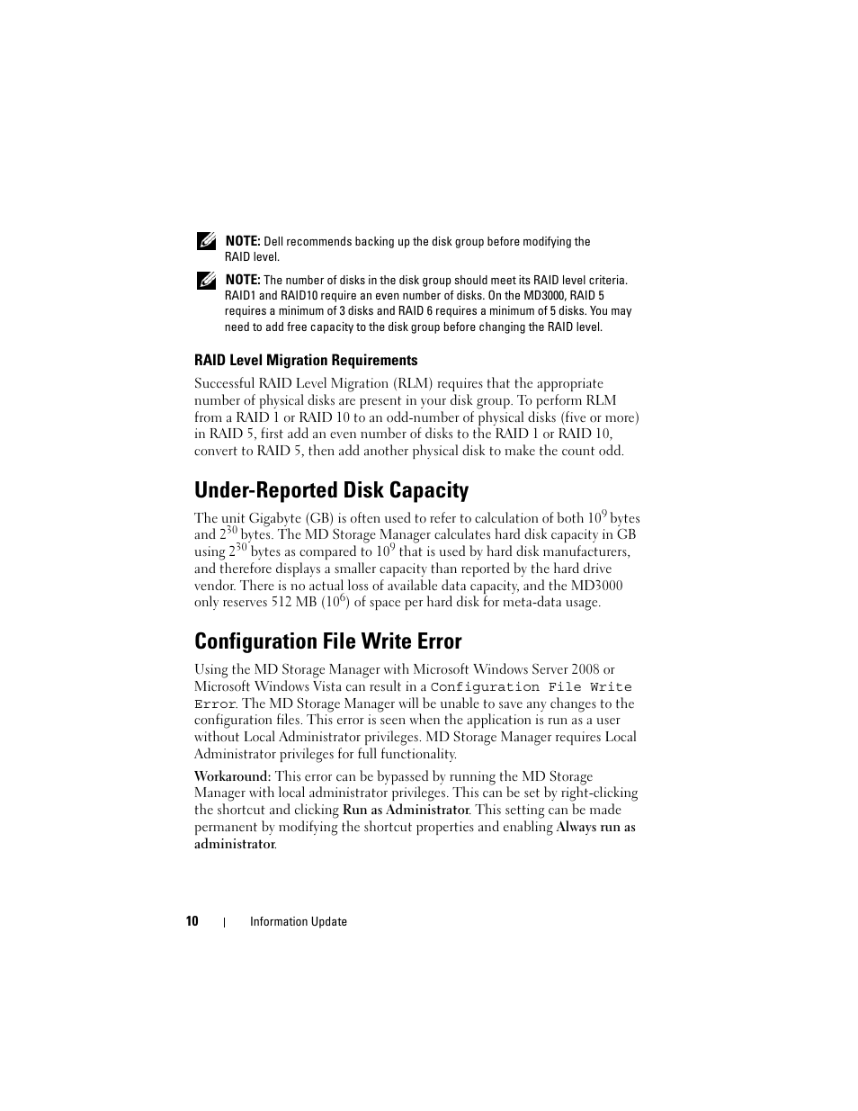 Raid level migration requirements, Under-reported disk capacity, Configuration file write error | Dell PowerVault MD3000 User Manual | Page 10 / 90