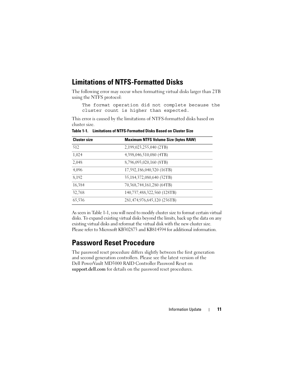 Limitations of ntfs-formatted disks, Password reset procedure | Dell PowerVault MD3000 User Manual | Page 11 / 90