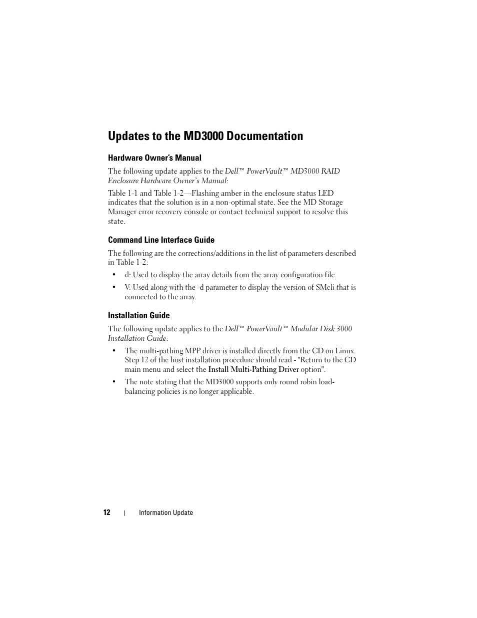 Updates to the md3000 documentation, Hardware owner’s manual, Command line interface guide | Installation guide | Dell PowerVault MD3000 User Manual | Page 12 / 90