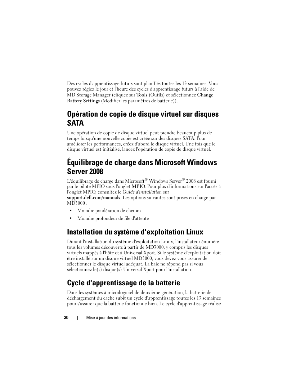 Installation du système d'exploitation linux, Cycle d'apprentissage de la batterie | Dell PowerVault MD3000 User Manual | Page 30 / 90