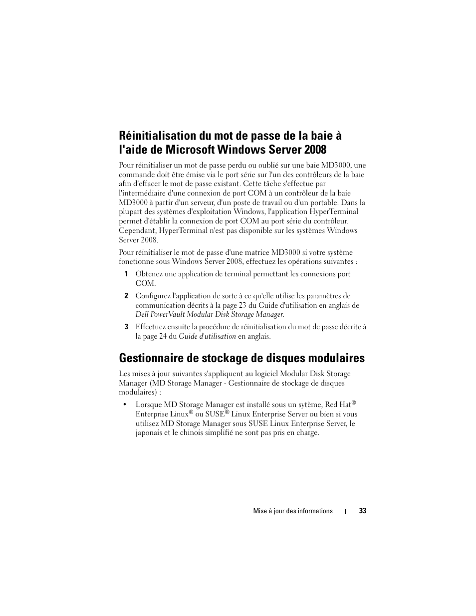 Gestionnaire de stockage de disques modulaires | Dell PowerVault MD3000 User Manual | Page 33 / 90