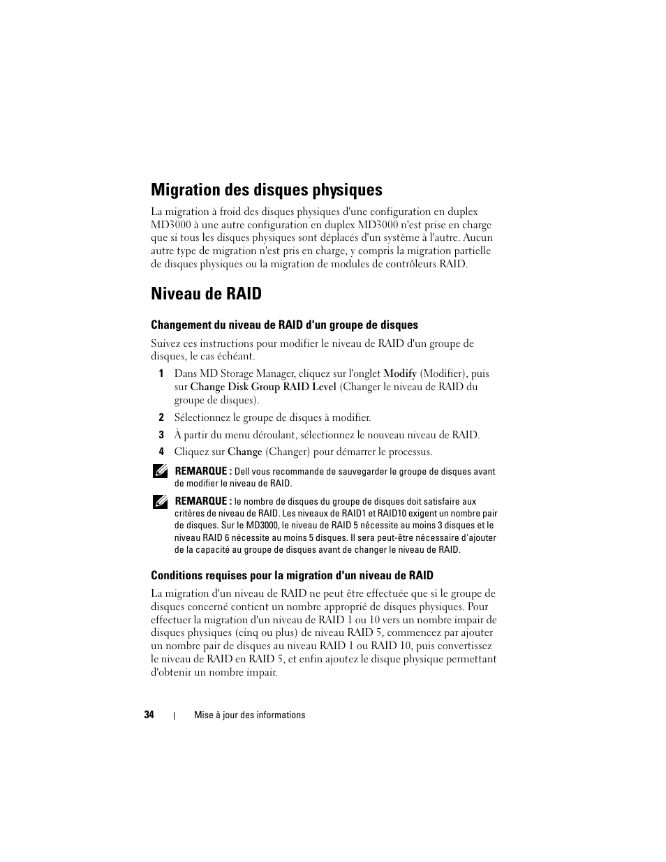 Migration des disques physiques, Niveau de raid | Dell PowerVault MD3000 User Manual | Page 34 / 90
