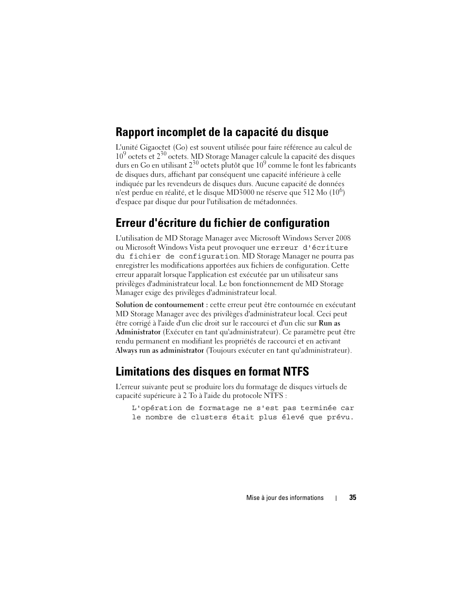 Rapport incomplet de la capacité du disque, Erreur d'écriture du fichier de configuration, Limitations des disques en format ntfs | Dell PowerVault MD3000 User Manual | Page 35 / 90