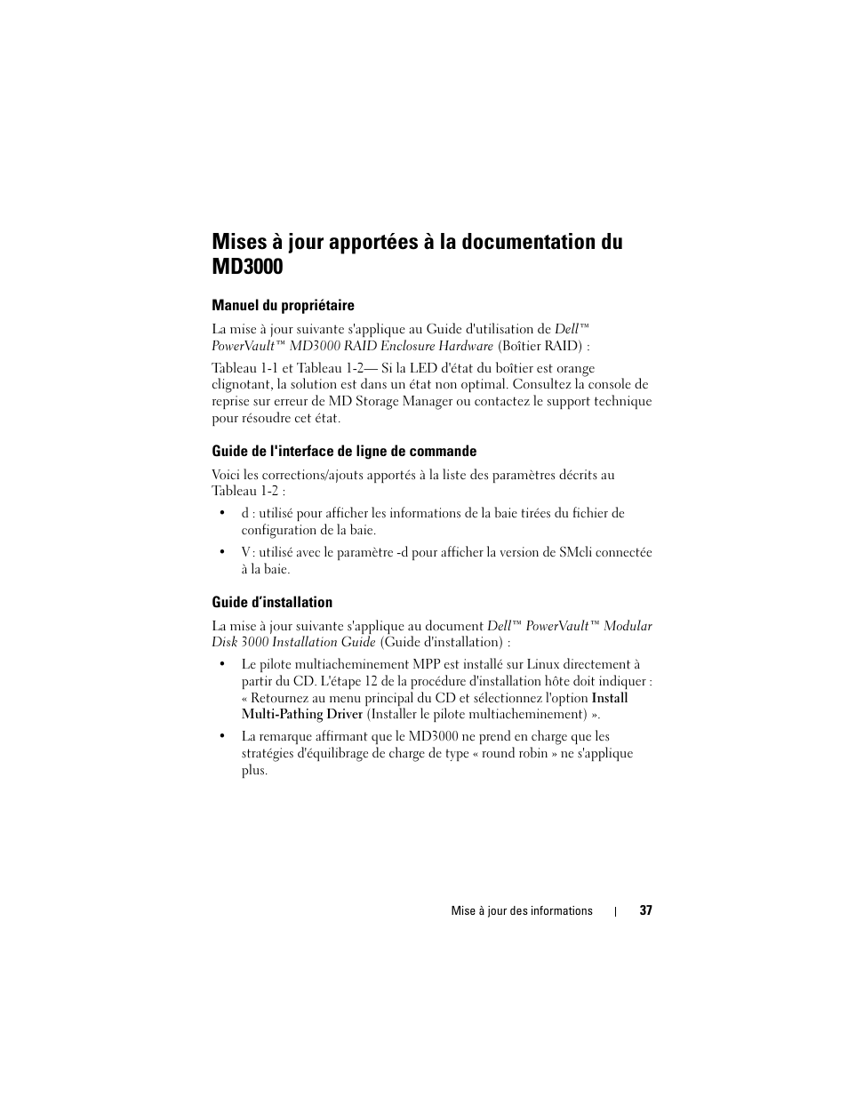 Manuel du propriétaire, Guide de l'interface de ligne de commande, Guide d’installation | Dell PowerVault MD3000 User Manual | Page 37 / 90