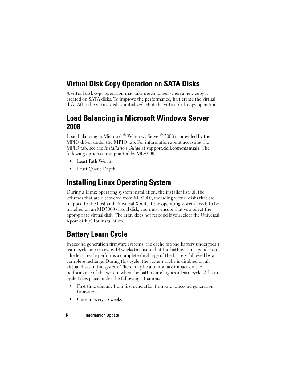 Virtual disk copy operation on sata disks, Load balancing in microsoft windows server 2008, Installing linux operating system | Battery learn cycle | Dell PowerVault MD3000 User Manual | Page 6 / 90