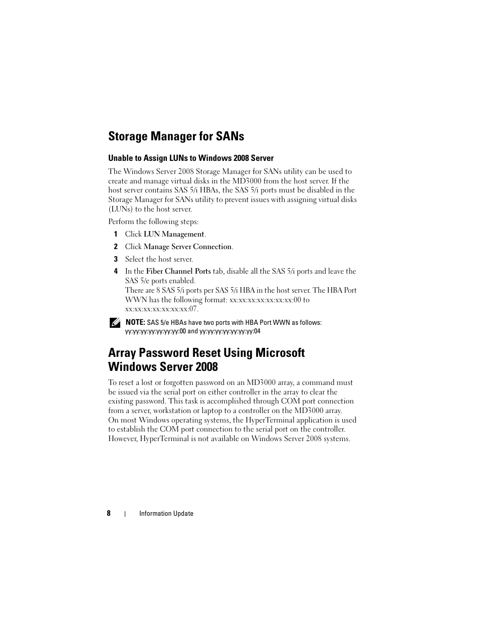 Storage manager for sans, Unable to assign luns to windows 2008 server | Dell PowerVault MD3000 User Manual | Page 8 / 90