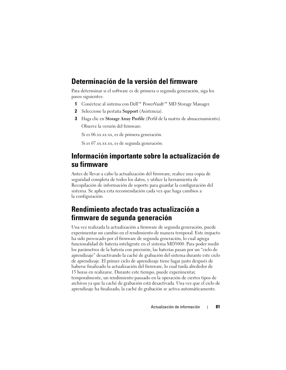 Determinación de la versión del firmware | Dell PowerVault MD3000 User Manual | Page 81 / 90