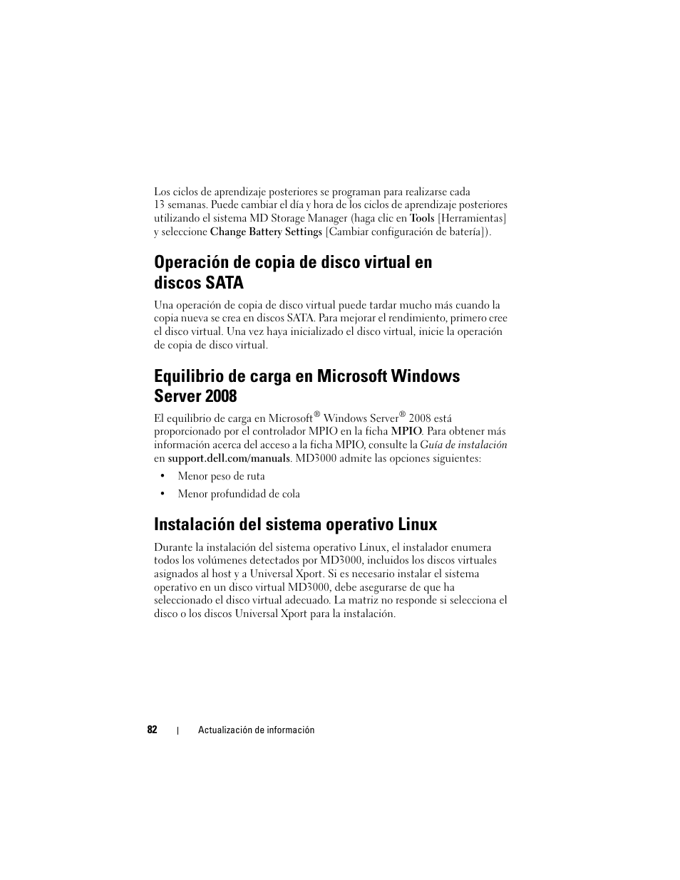 Operación de copia de disco virtual en discos sata, Instalación del sistema operativo linux | Dell PowerVault MD3000 User Manual | Page 82 / 90