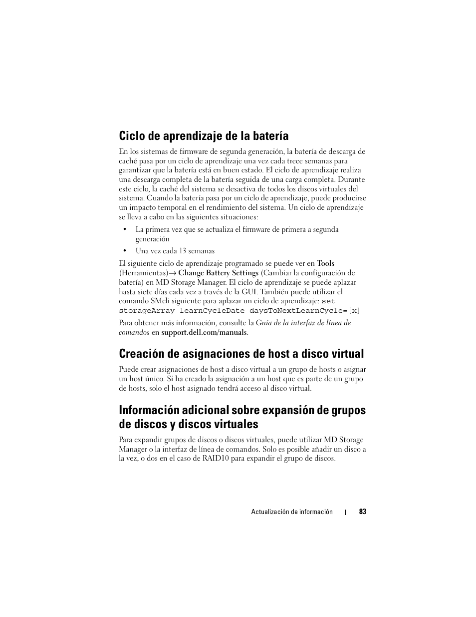 Ciclo de aprendizaje de la batería, Creación de asignaciones de host a disco virtual | Dell PowerVault MD3000 User Manual | Page 83 / 90