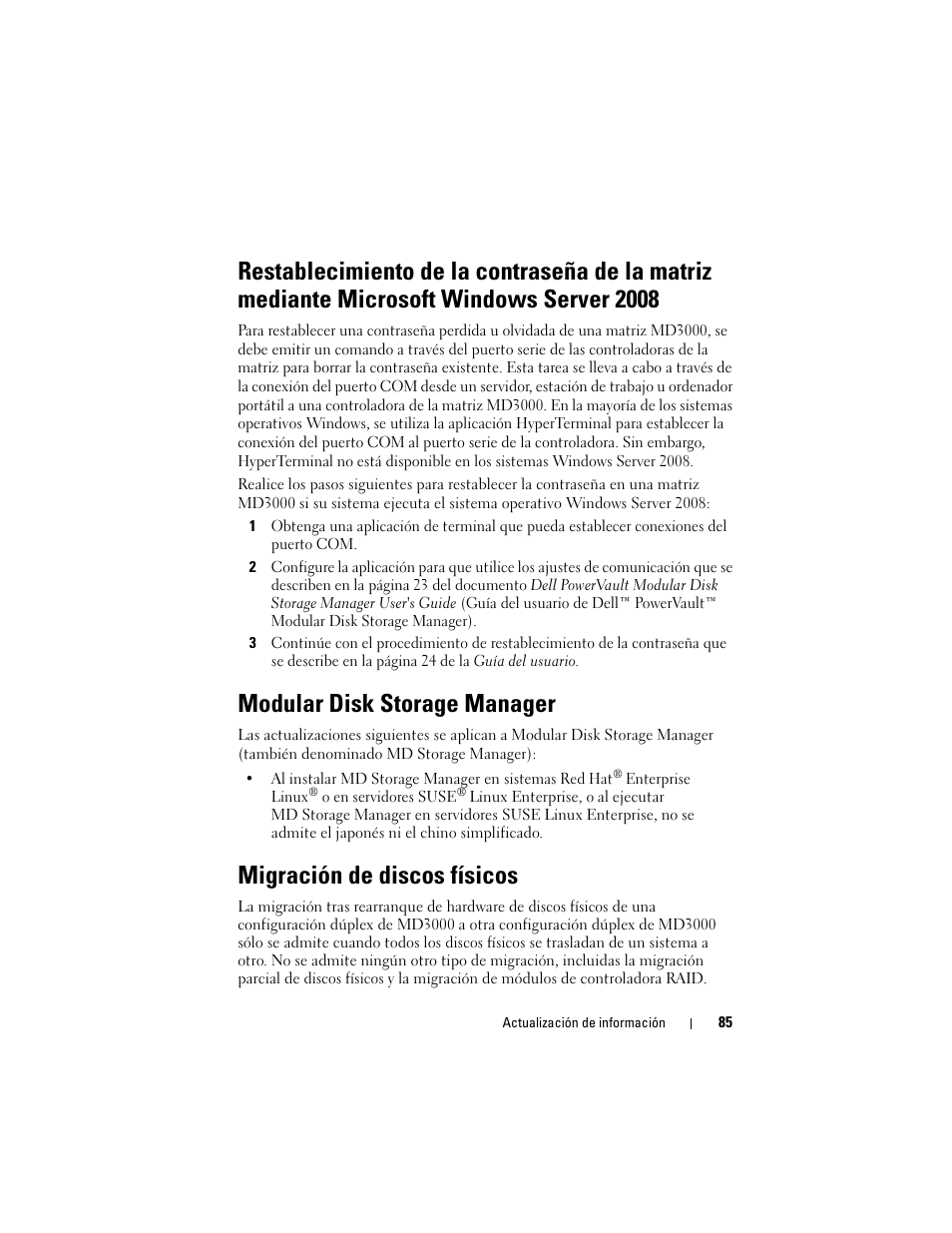 Modular disk storage manager, Migración de discos físicos | Dell PowerVault MD3000 User Manual | Page 85 / 90