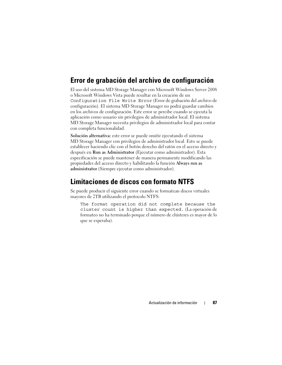 Error de grabación del archivo de configuración, Limitaciones de discos con formato ntfs | Dell PowerVault MD3000 User Manual | Page 87 / 90