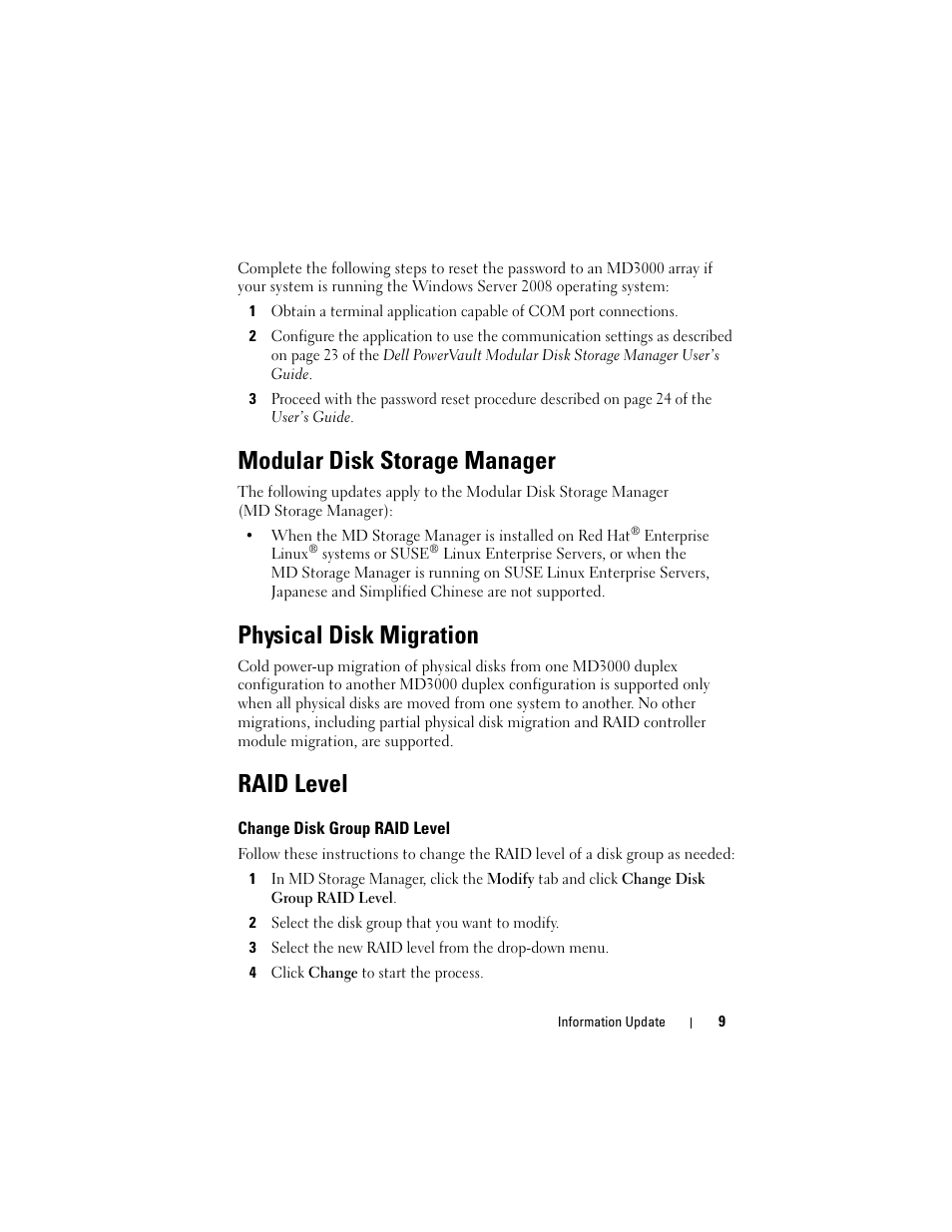 Modular disk storage manager, Physical disk migration, Raid level | Change disk group raid level | Dell PowerVault MD3000 User Manual | Page 9 / 90
