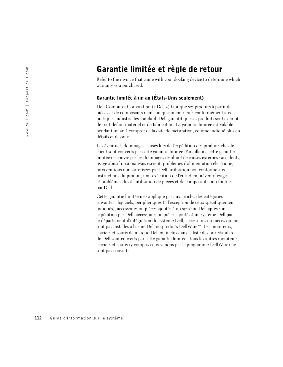 Garantie limitée et règle de retour | Dell C/Dock II Expansion Station User Manual | Page 114 / 250