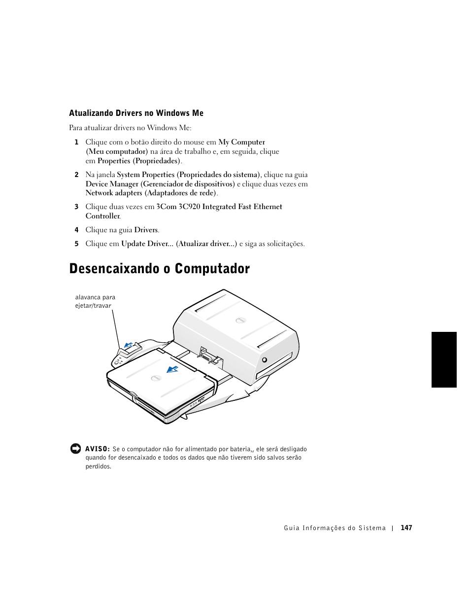 Desencaixando o computador | Dell C/Dock II Expansion Station User Manual | Page 149 / 250