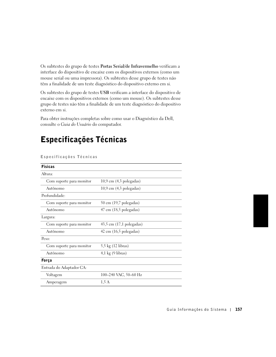 Especificações técnicas | Dell C/Dock II Expansion Station User Manual | Page 159 / 250
