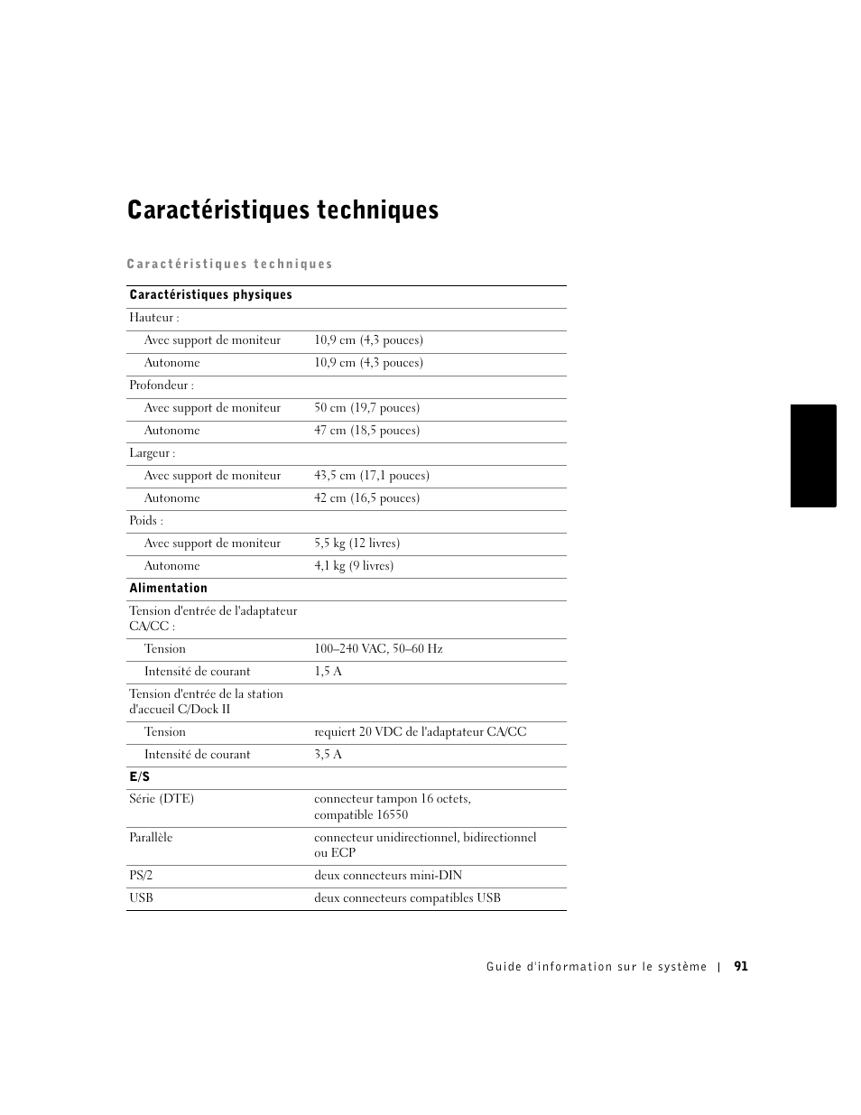 Caractéristiques techniques | Dell C/Dock II Expansion Station User Manual | Page 93 / 250