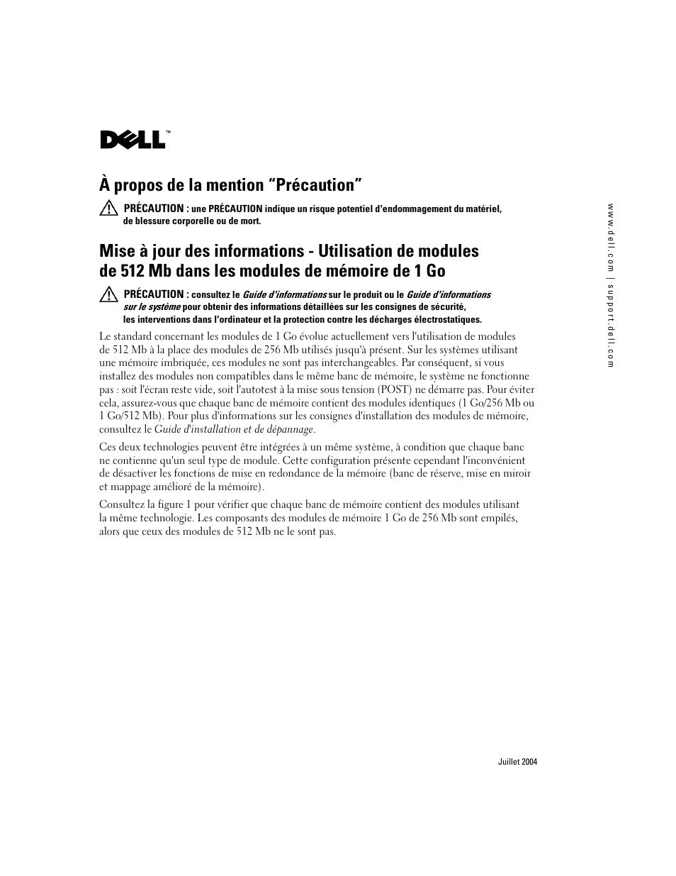 À propos de la mention “précaution | Dell PowerEdge 2600 User Manual | Page 5 / 14